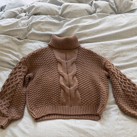 Sweaters - Brown Cable-Knit Turtleneck Sweater - Brand